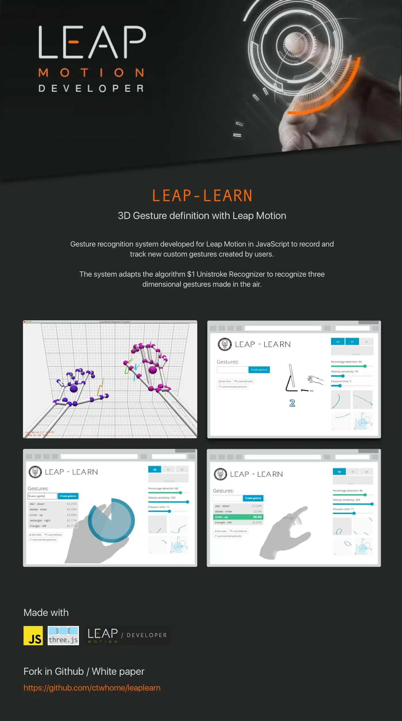 LeapLearn interaction flow and 3D gesture-training interface